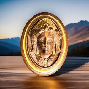 Antique 19c Gutta Percha Relief Carved Wood Lady Cameo Wall Plaque Gilt Oval